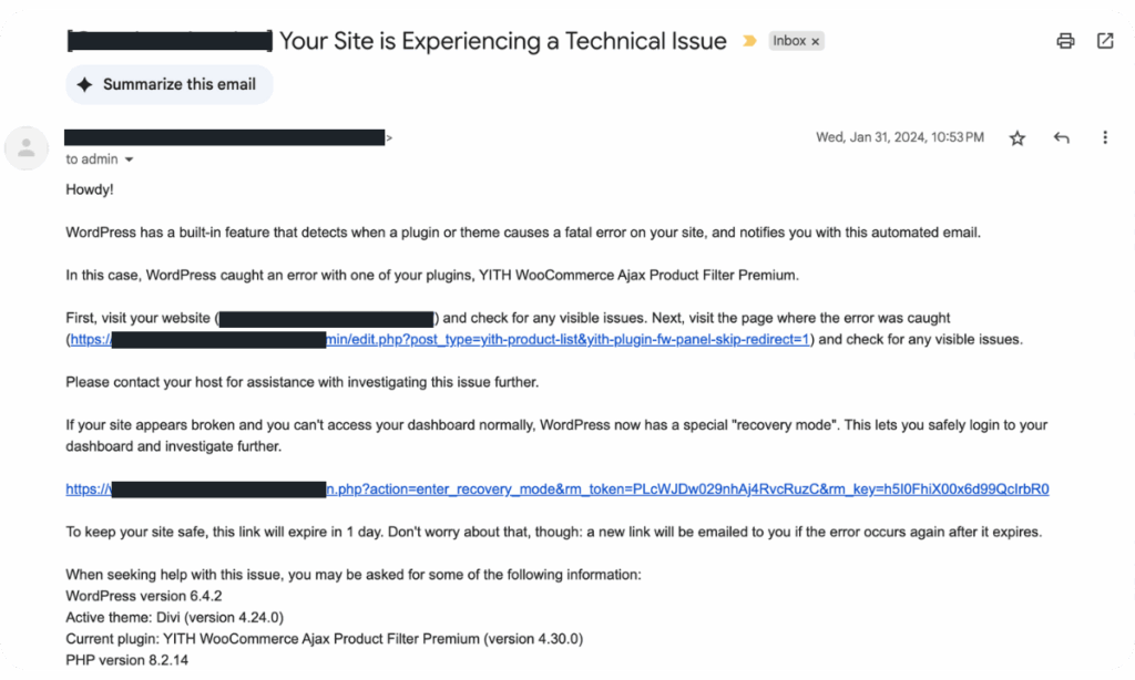 Your Site is Experiencing a Technical Issue WordPress Email_Common WordPress Errors