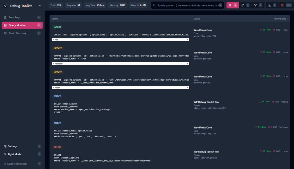WP Debug Toolkit query viewer app