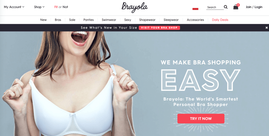 ‘We make bra shopping easy’ banner on Brayola’s website