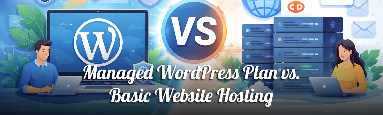 Header image of blog post showing an illustration of different types of hosting and servers, overlaid with the post title