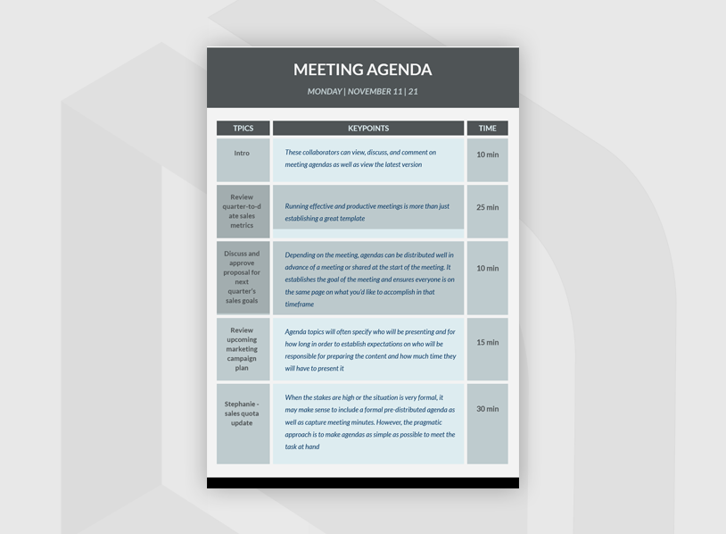Tabular Meeting Agenda
