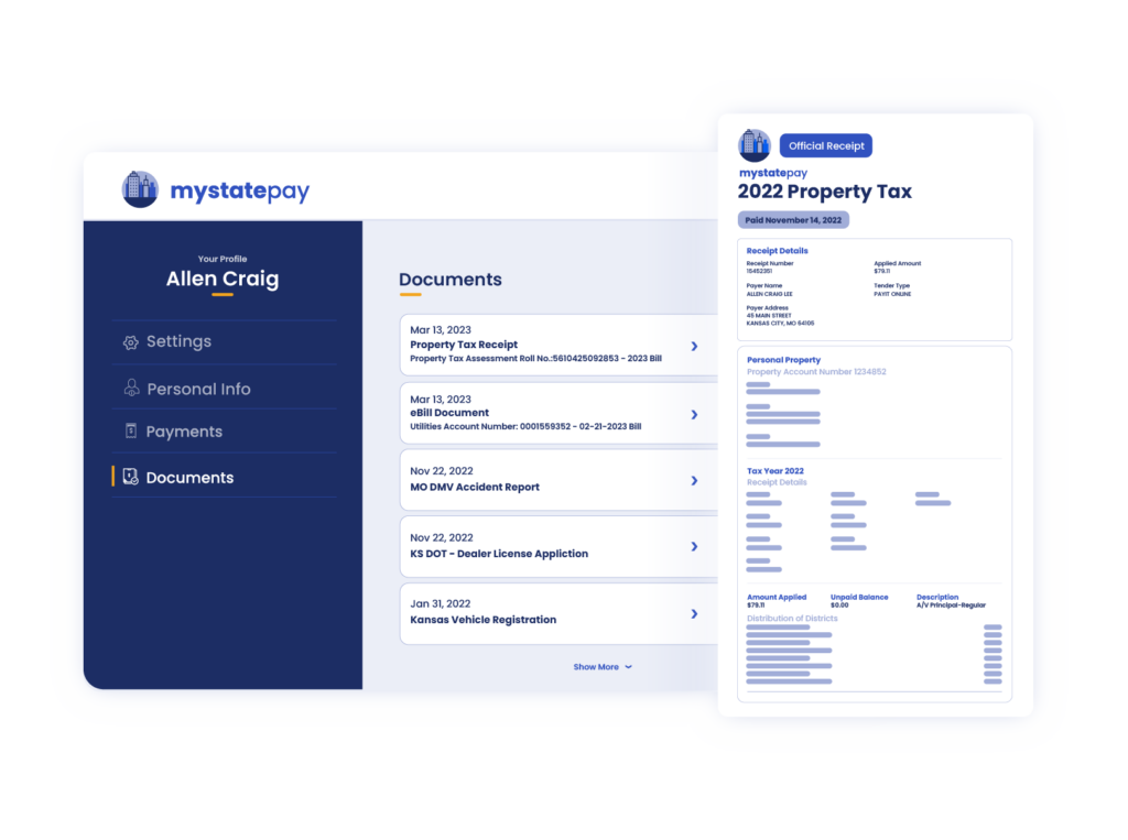A user screen demonstrating documents that can be accessed with PayIt, including property tax receipts.
