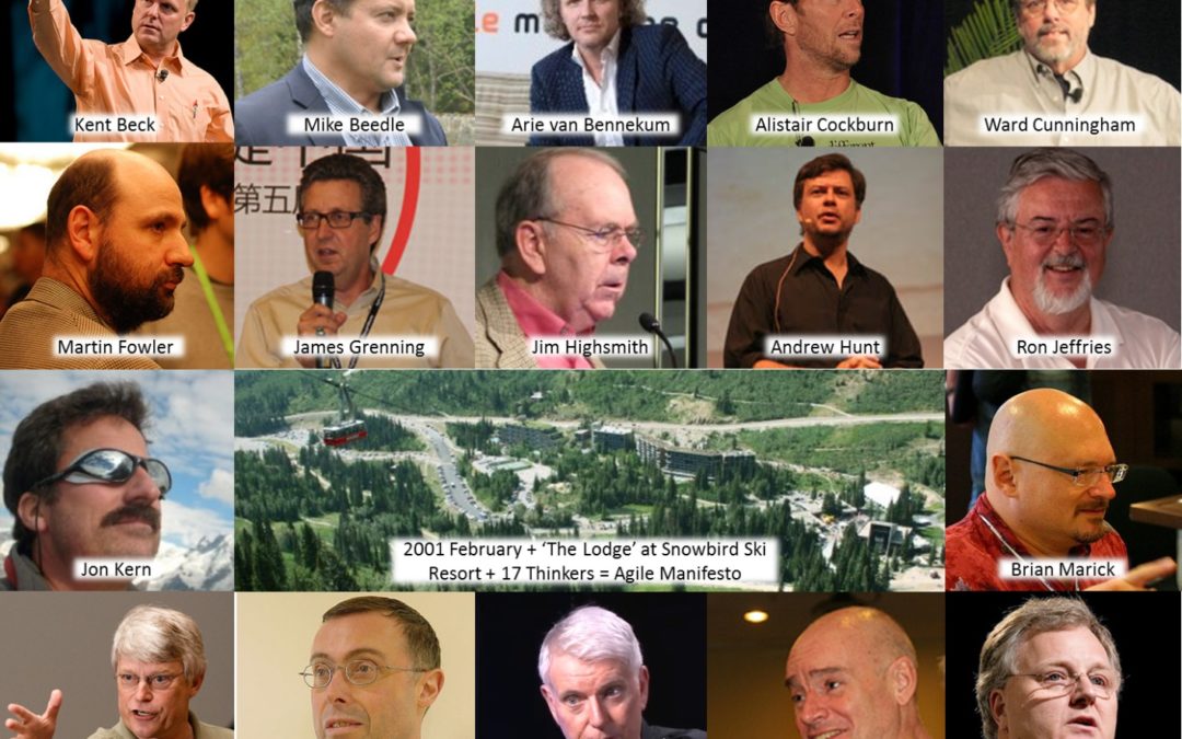 A composite image of 17 of the signatories of the agile manifesto - all white men.