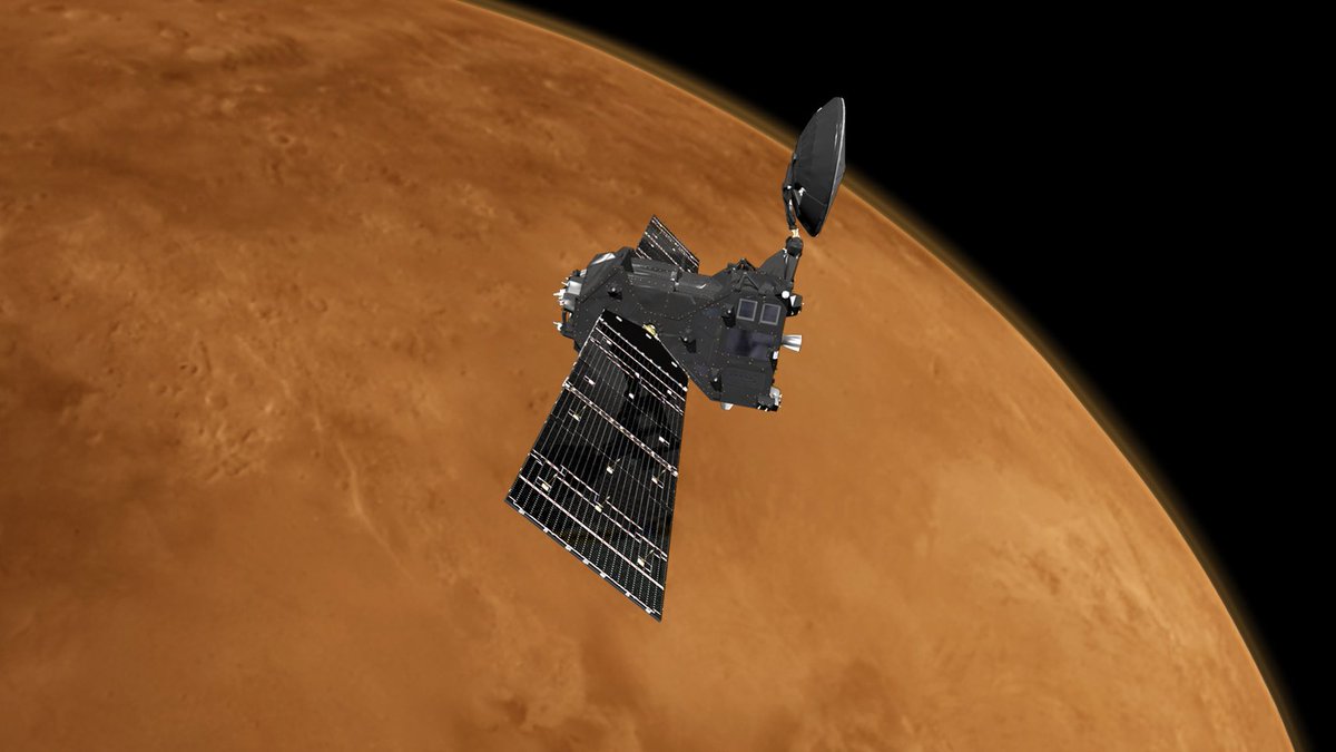 Illustration of the European Space Agency’s Trace Gas Orbiter in orbit around Mars. The vehicle features long solar panels extending from either side of a central spacecraft bus, with a communications antenna pointing to the right. Credit: ESA/ATG medialab