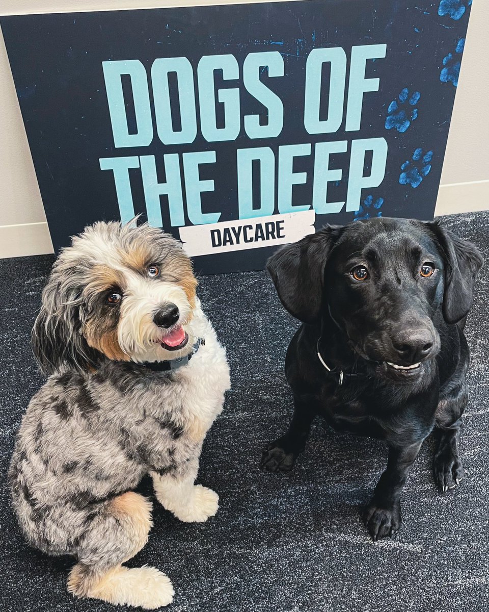 Photo of Maui Driedger and Junie Geekie in front of a doggy daycare sign