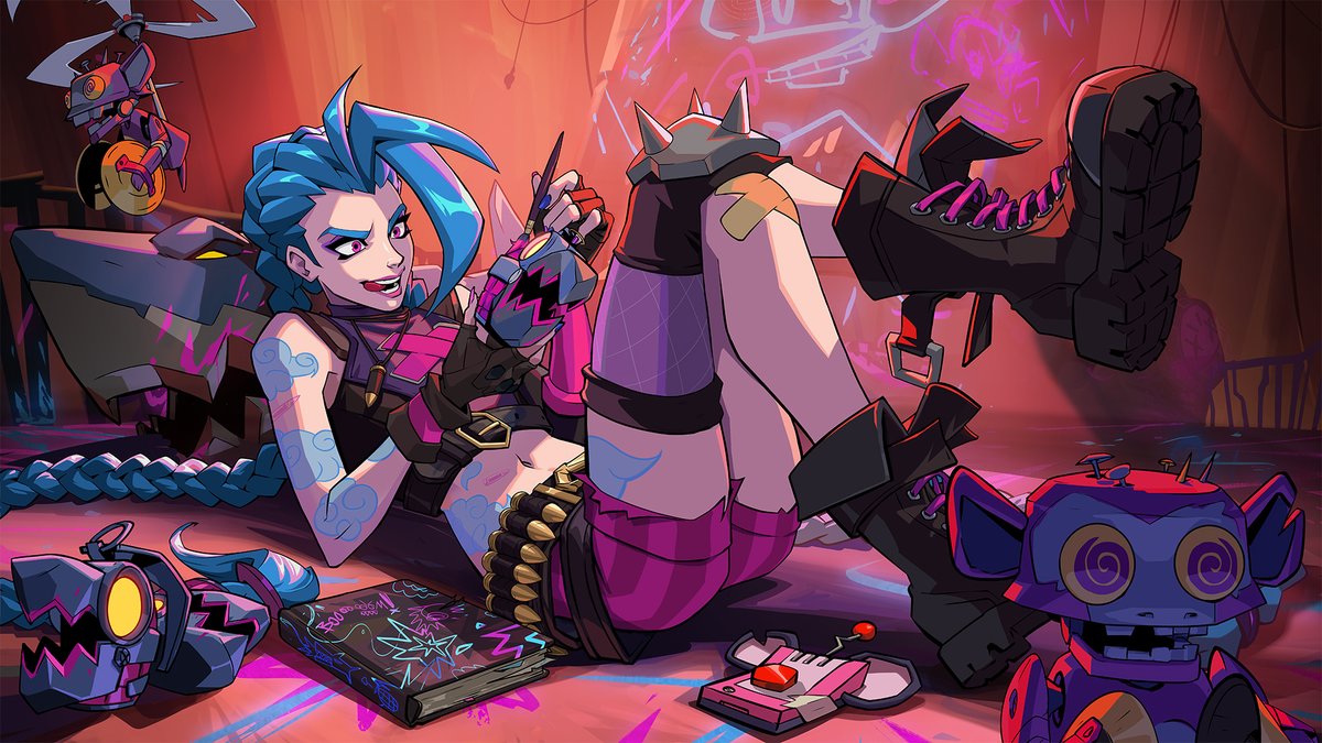 Jinx leans against Fishbones (her rocket launcher) as she adds paint to one of her Flame Chompers. Scattered around her are more Flame Chompers, two Monkey Drones, a journal, and the detonator for her Super Mega Death Rocket.