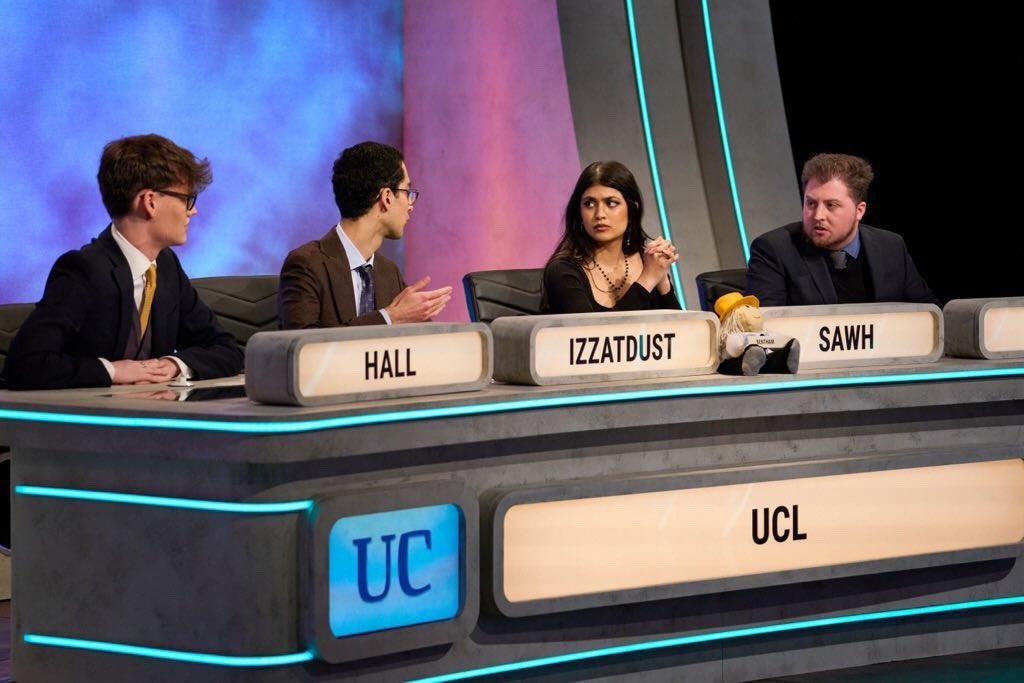 Team UCL on the set of University Challenge (final) - from left to right: James Hall, Ali Izzatdust, Tayana Sawh and Jacob Finlay