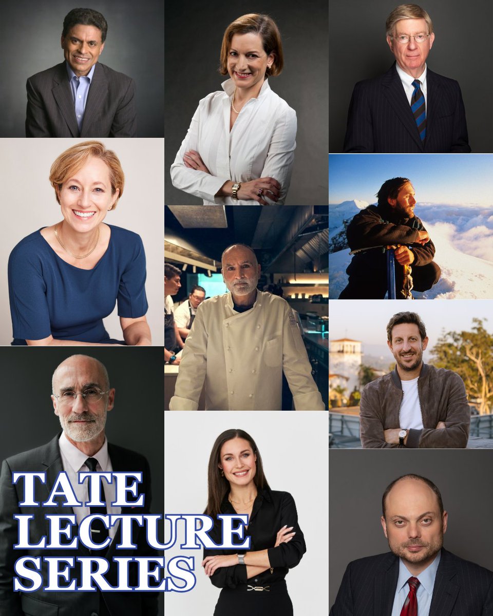 Collage of the nine speakers for the 2026–2027 Tate Lecture Series at SMU, shown in a grid of professional portrait photographs. The speakers are pictured in a mix of formal and business-casual attire, each posed in a studio-style headshot.