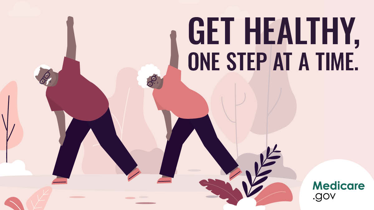 An illustration of an older couple stretching outdoors by leaning to one side with the other arm in the air. Overlay text: Get healthy, one step at a time.