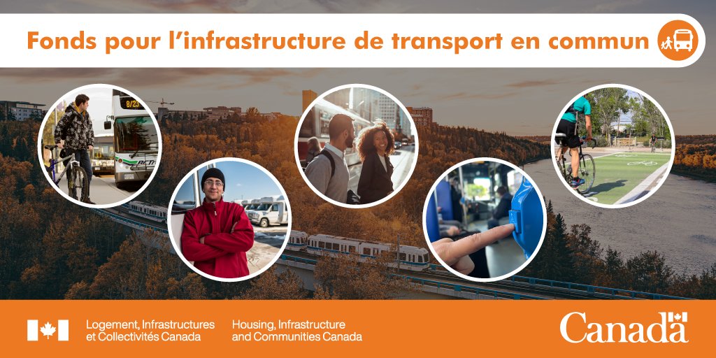 Fonds pour l’infrastructure de transport en commun. Un collage de photos montrant une personne avec un vélo à côté d’un autobus, une personne appuyée contre un autobus, deux personnes s’éloignant d’un tramway, une personne appuyant sur le bouton d’arrêt à l’intérieur d’un autobus et une personne circulant à vélo sur une voie cyclable.