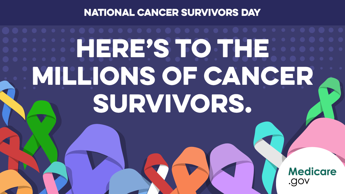 An illustration of different colored observance ribbons against a purple background. Overlay text: Here's to the millions of cancer survivors. National Cancer Survivors Day