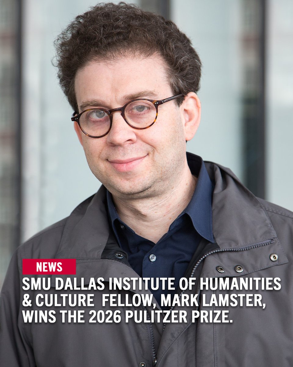 A person with curly hair and glasses is smiling slightly while wearing a dark jacket. Text overlay reads: "News: SMU Dallas Institute of Humanities & Culture Fellow, Mark Lamster, wins the 2026 Pulitzer Prize."