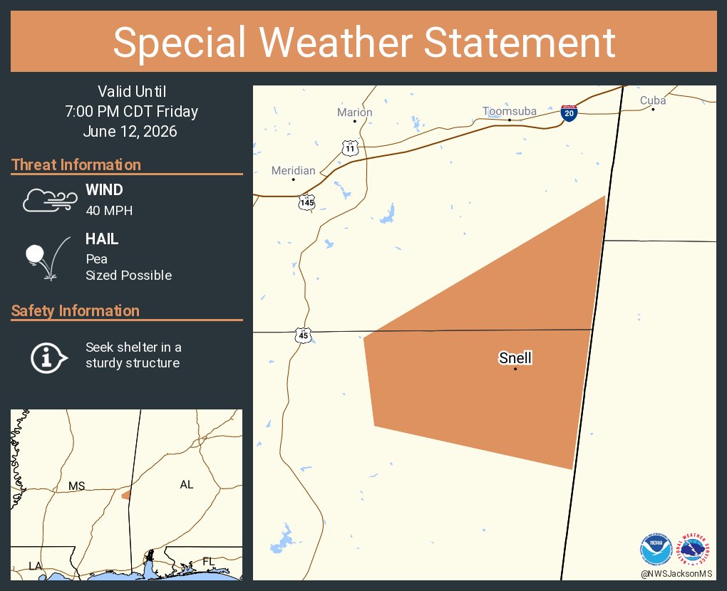 This graphic displays a special weather statement plotted on a map. The statement is in effect until 7:00 PM CDT. The statement includes Snell MS. A STRONG THUNDERSTORM WILL IMPACT NORTHEASTERN CLARKE AND SOUTHEASTERN LAUDERDALE COUNTIES THROUGH 700 PM CDT. The threats associated with this storm are wind gusts up to 40 MPH and pea sized hail. Seek shelter in a sturdy structure until the storm passes.