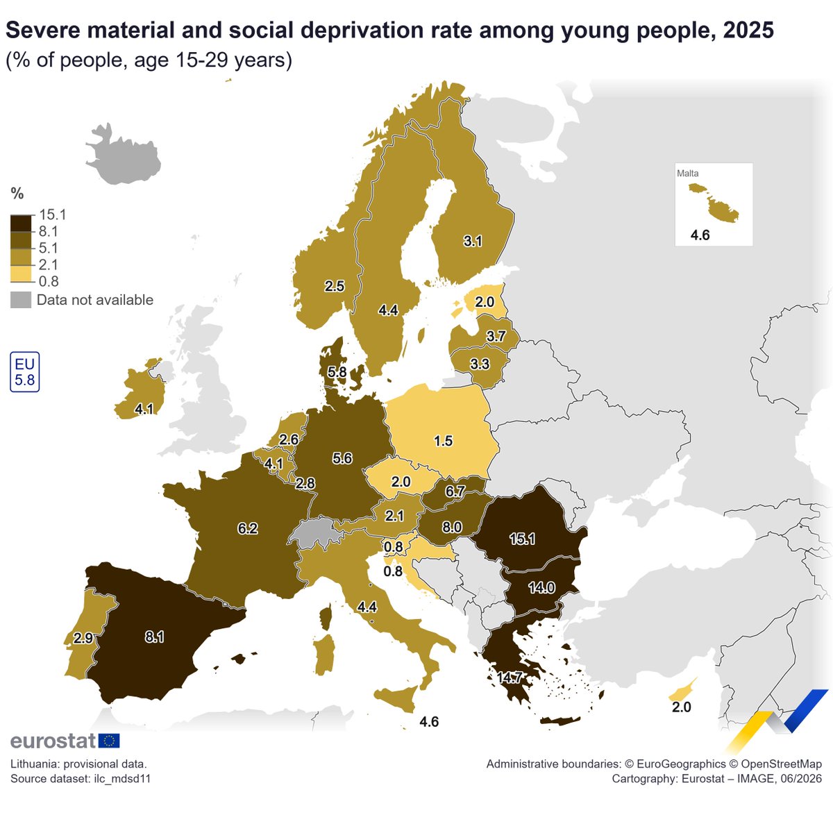 Eurostat map showing Severe material and social deprivation rate among young people, % of people aged 15-29 years, in EU countries, 2025