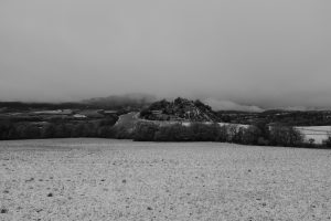 Little village panoramic view. Snowy landscape.