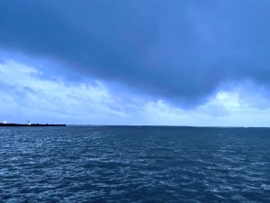 A sea and raining clouds.