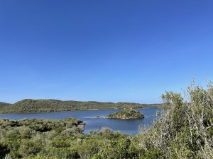 A scenic view Es Grau featuring a calm body of water surrounded by lush green vegetation and rolling hills under a clear blue sky.