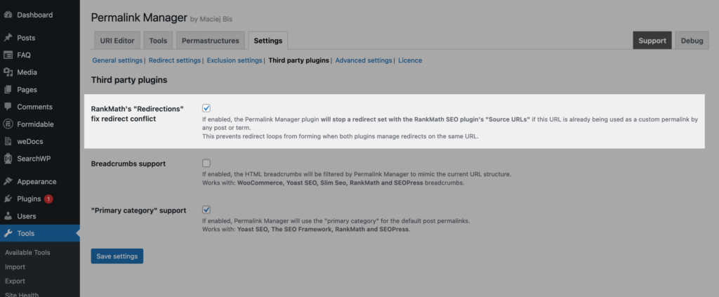 RankMath's "Redirections" fix redirect conflict