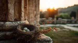 A bird's nest with eggs resting on ancient stone columns at sunset — symbolizing endowment growth and legacy preservation.
