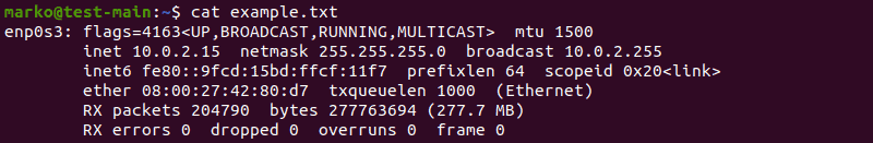Confirming the success of the tee command using the cat command.