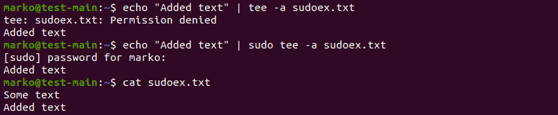 Using the sudo command to obtain write access for the tee command.