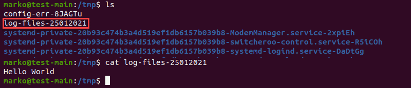 Confirming the successful creation of the log file and checking its contents.