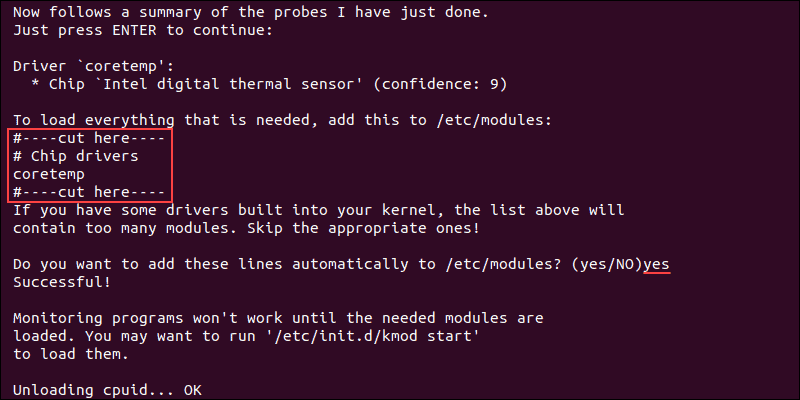 Output showing a summary of sensors detected on Ubuntu.