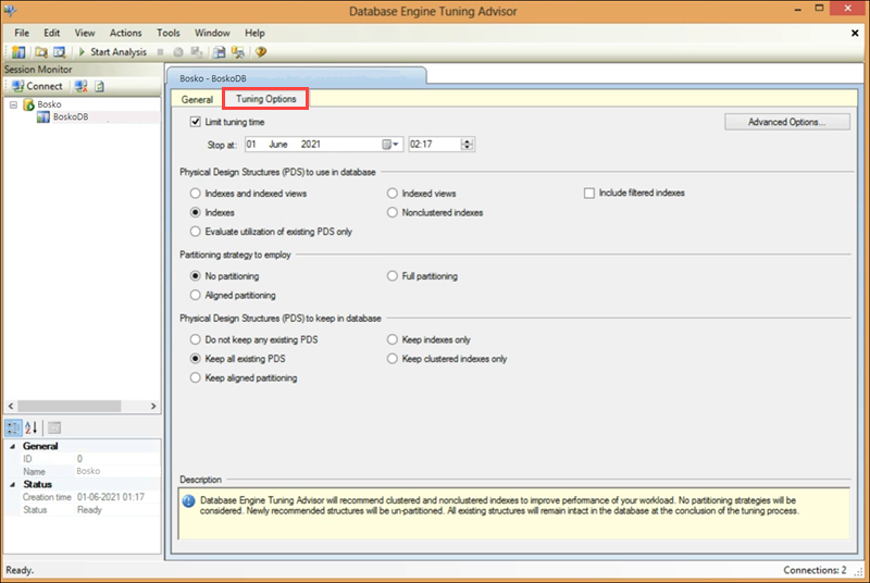 Tuning options in the Database Tuning Advisor, a query optimization tool for SQL Server Studio.
