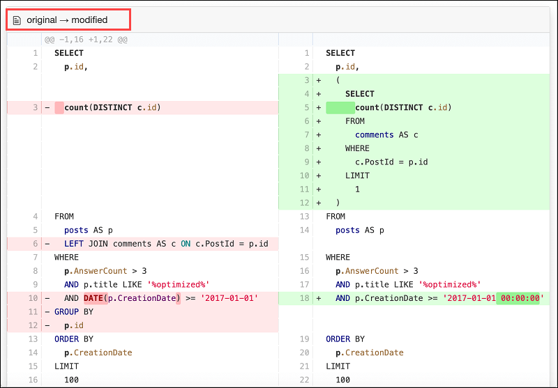 The query code comparison feature of EverSQL.