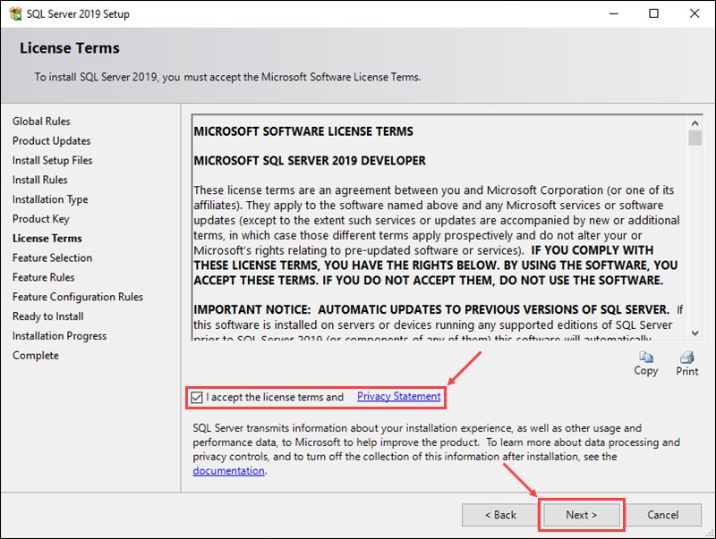 Accept the license terms before proceeding