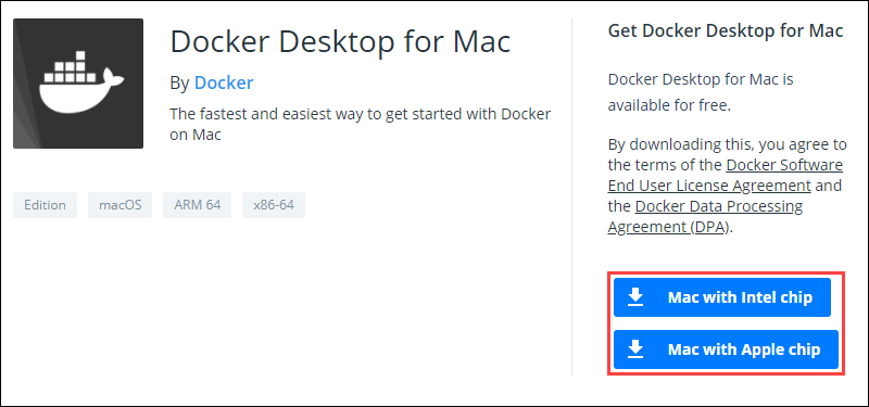 Download Docker using the link in the Get Docker Desktop for Mac section