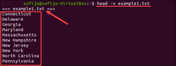 Display the file name tag with the head command output.
