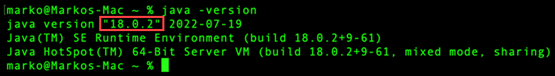 The java version command shows that the JDK was installed successfully.
