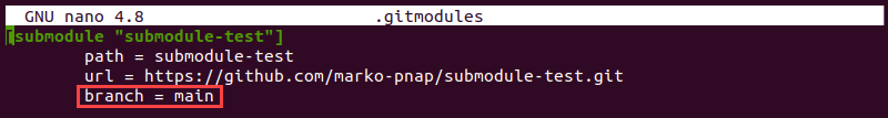 Editing the gitmodules file in Nano.