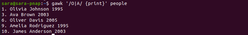 gawk O pipe A print terminal output