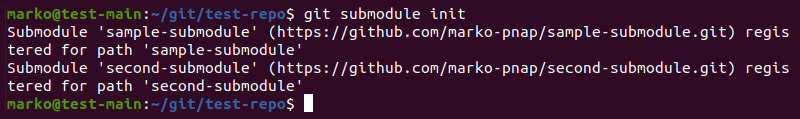 Output from git submodule init without no directory paths provided.