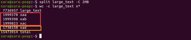 split C wc c terminal output