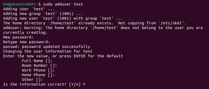 sudo adduser test terminal output