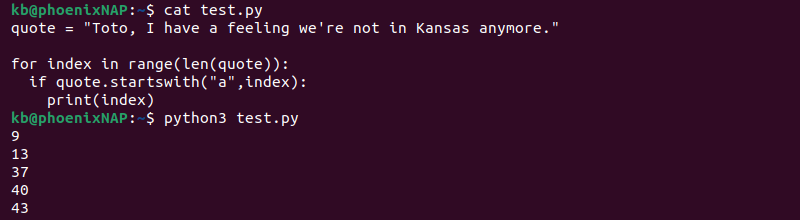 find all indexes of substring for loop output