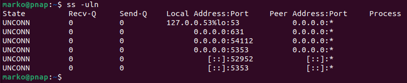 The output of the ss command showing the listening udp sockets.