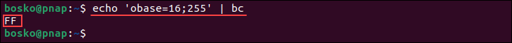 Converting decimal to hexadecimal using the bc command.