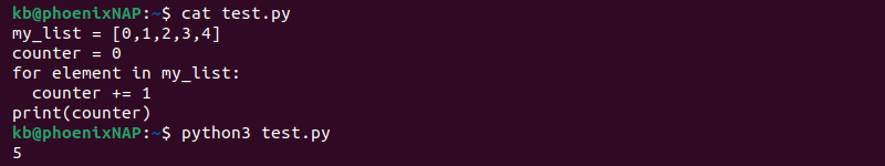 Python for loop counter list length terminal output