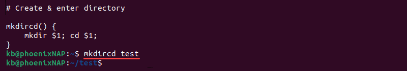 mkdircd test terminal output