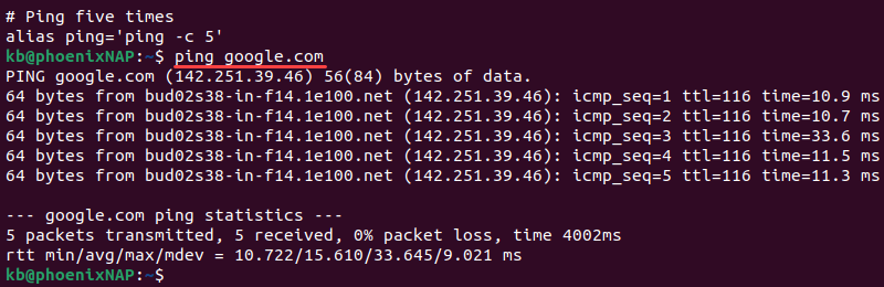 ping count five terminal output