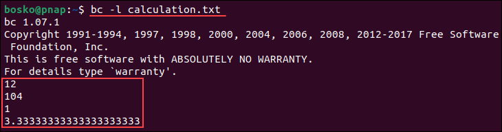 Providing an input file for the bc command.