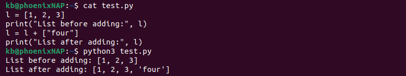 List append plus operator code and terminal output