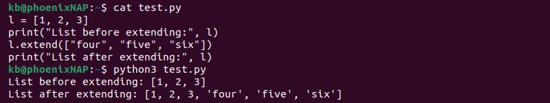 List extend method code and terminal output