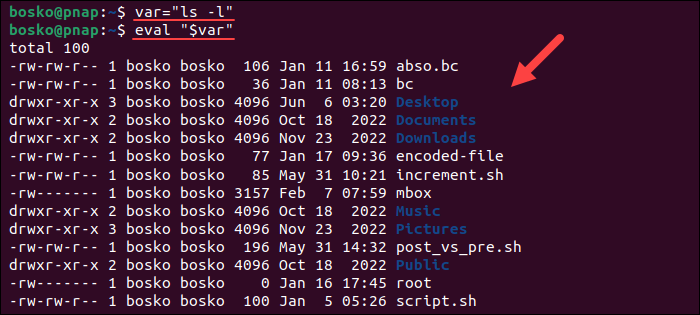 Storing a command in a variable and running it with eval.