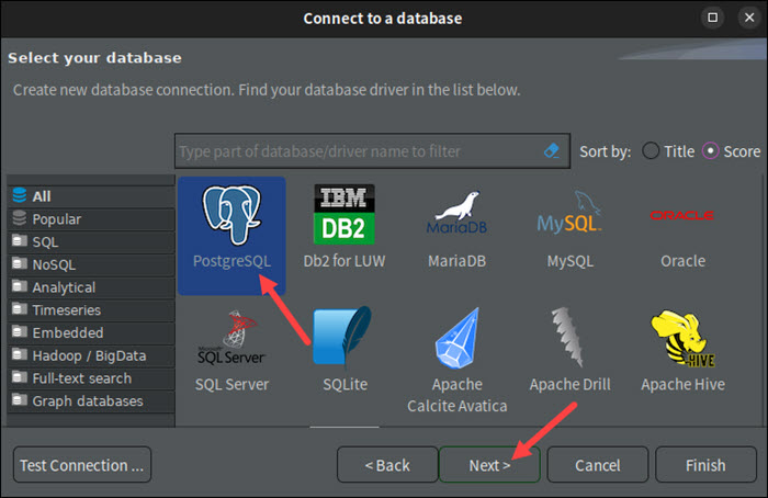 Selecting PostgreSQL in DBeaver.