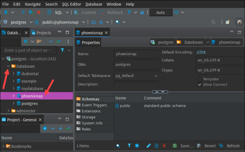 Viewing databases in the server tree menu.
